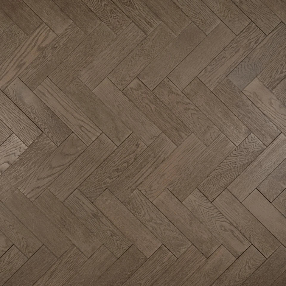 18(3)x80x300 Gunmetal Grey Brushed Lacquered Engineered Oak Herringbone - Box Coverage 1.440m2