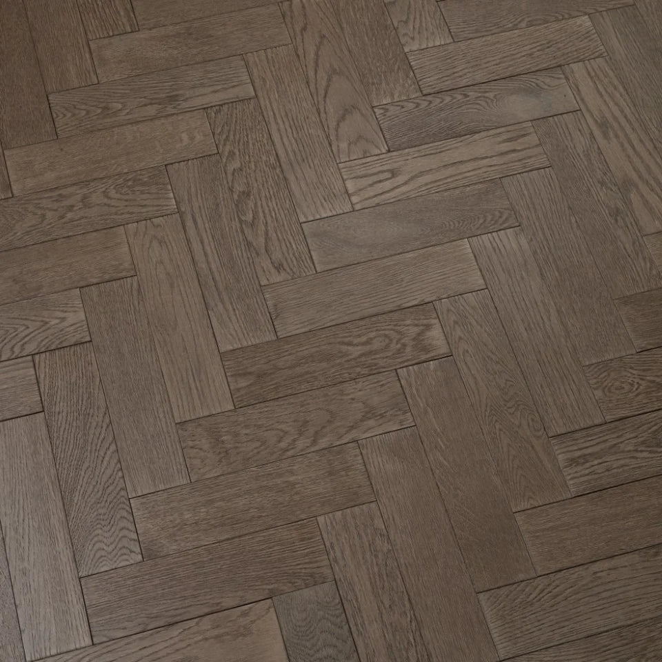 18(3)x80x300 Gunmetal Grey Brushed Lacquered Engineered Oak Herringbone - Box Coverage 1.440m2