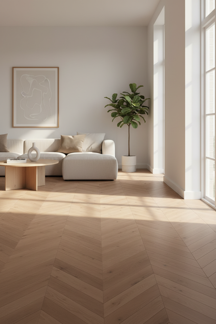 Chevron Flooring in Living Room/Hallway Setting