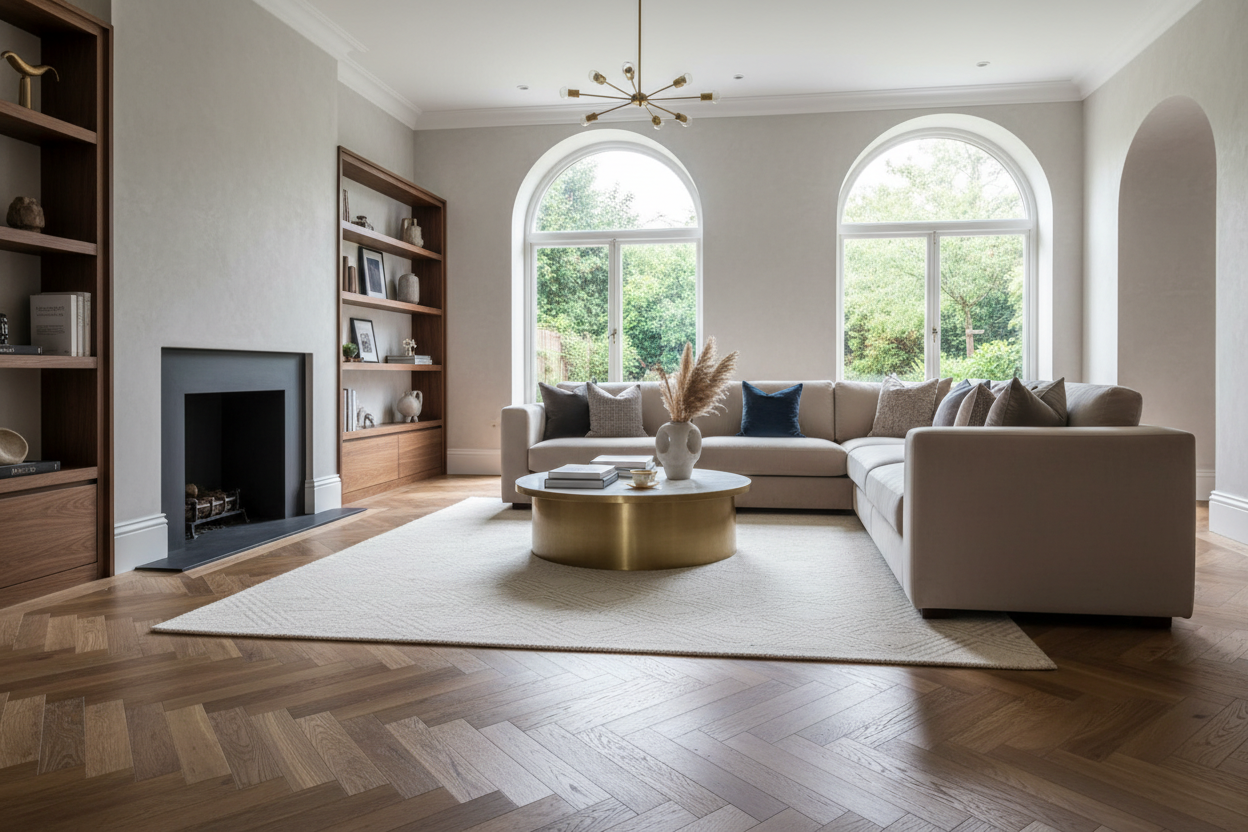Herringbone Oak Flooring in Lounge Setting