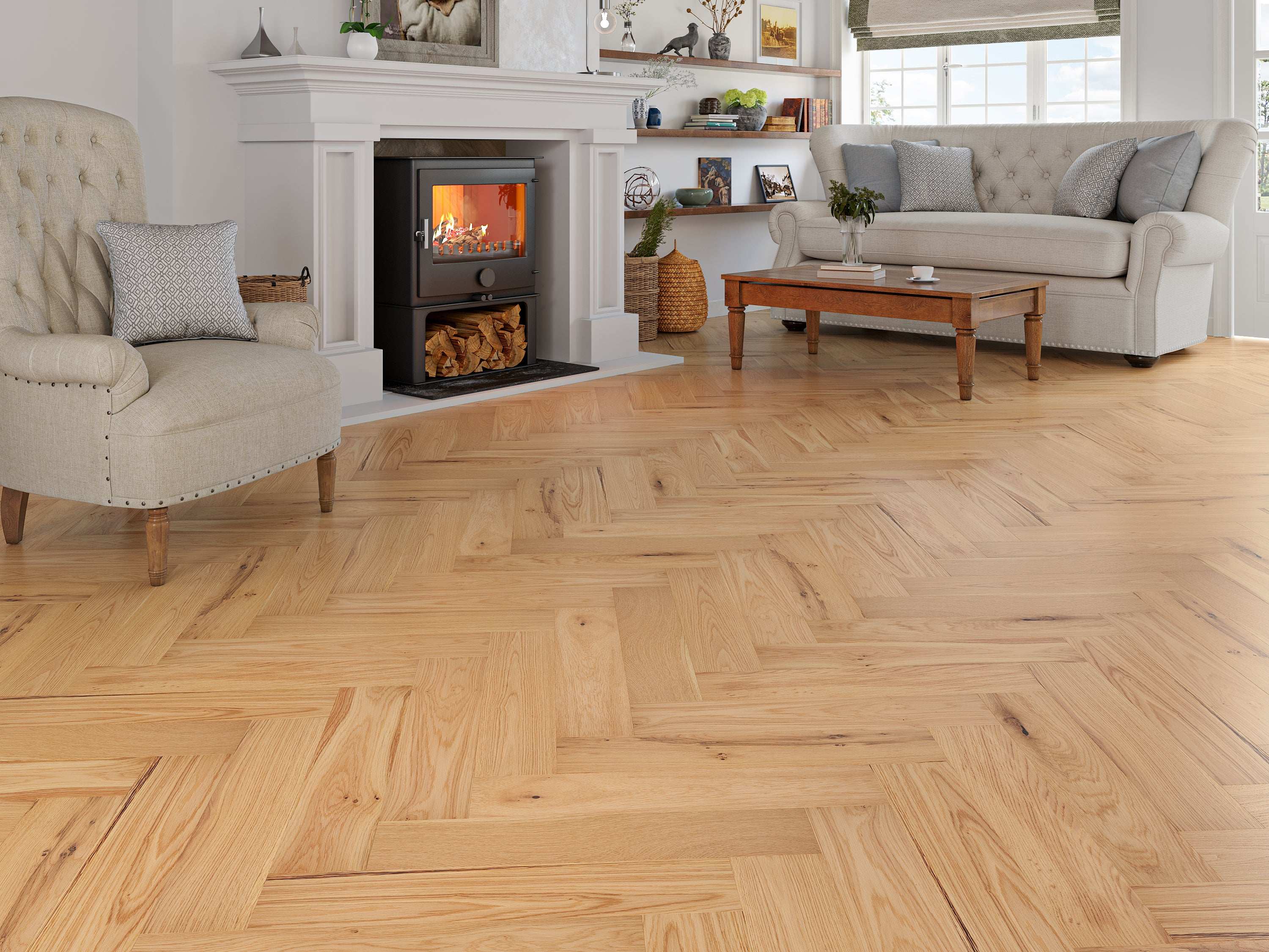 15(4)x125x600 Brushed Natural Oiled Herringbone Engineered Oak Flooring
