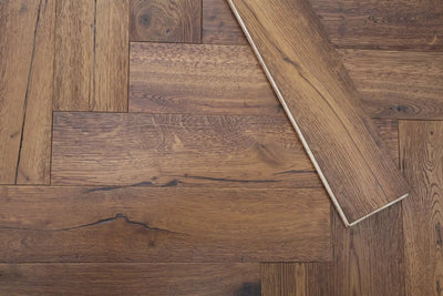 14(3)x125x600 Antique Brown Brushed Oiled Herringbone Engineered Oak Flooring - Box Coverage 1.2m2