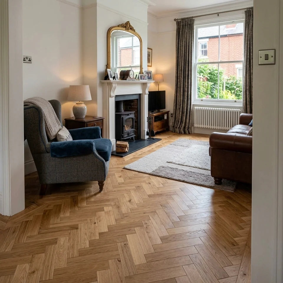 14(3)x90x450 Brushed Natural Oiled Engineered Oak Herringbone - Box Coverage 1.944m2