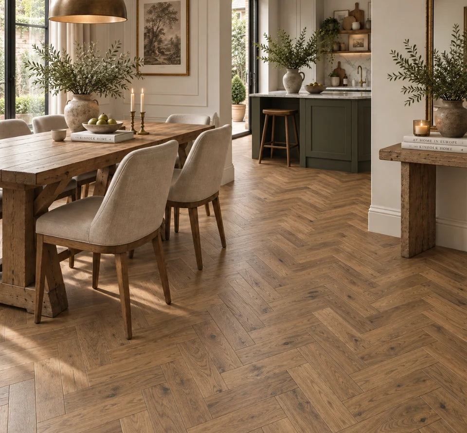 18(3)x80x300 Cognac Brushed Lacquered Engineered Oak Herringbone - Box Coverage 1.440m2
