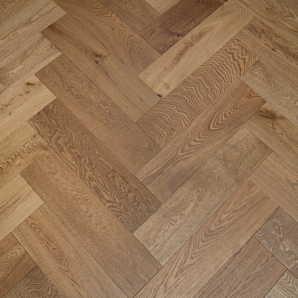 14(3)x150x600 Smoked Stain Brushed Oiled Herringbone - Box Coverage 1.8m2